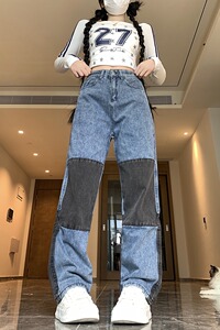 清仓S001-P35 街头嘻哈撞色拼接牛仔裤高腰直筒长裤宽松阔腿裤女图片