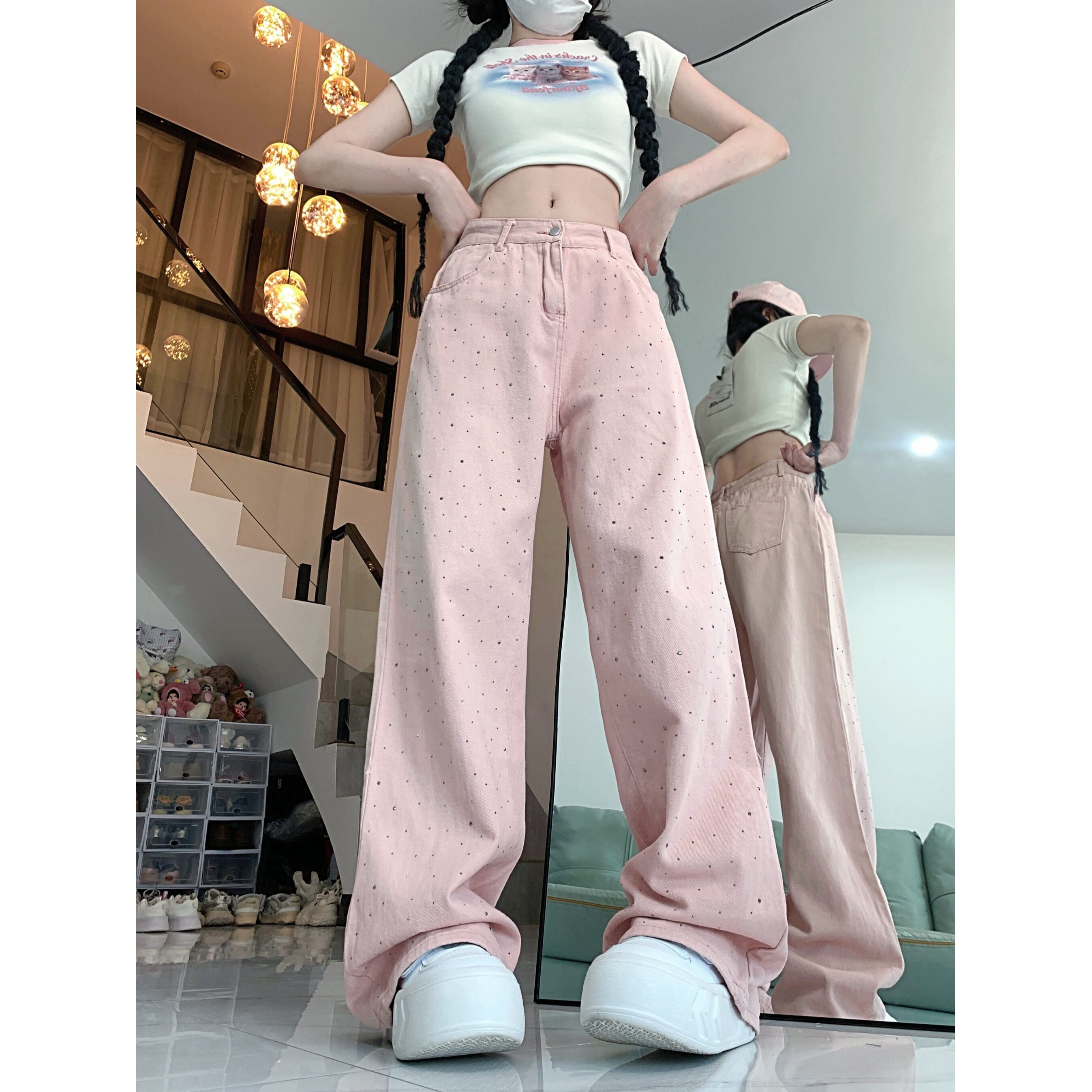 2198-P48粉色烫钻直筒牛仔裤女设计感高腰显瘦宽松阔腿裤子,男装牛仔裤,电商A306A