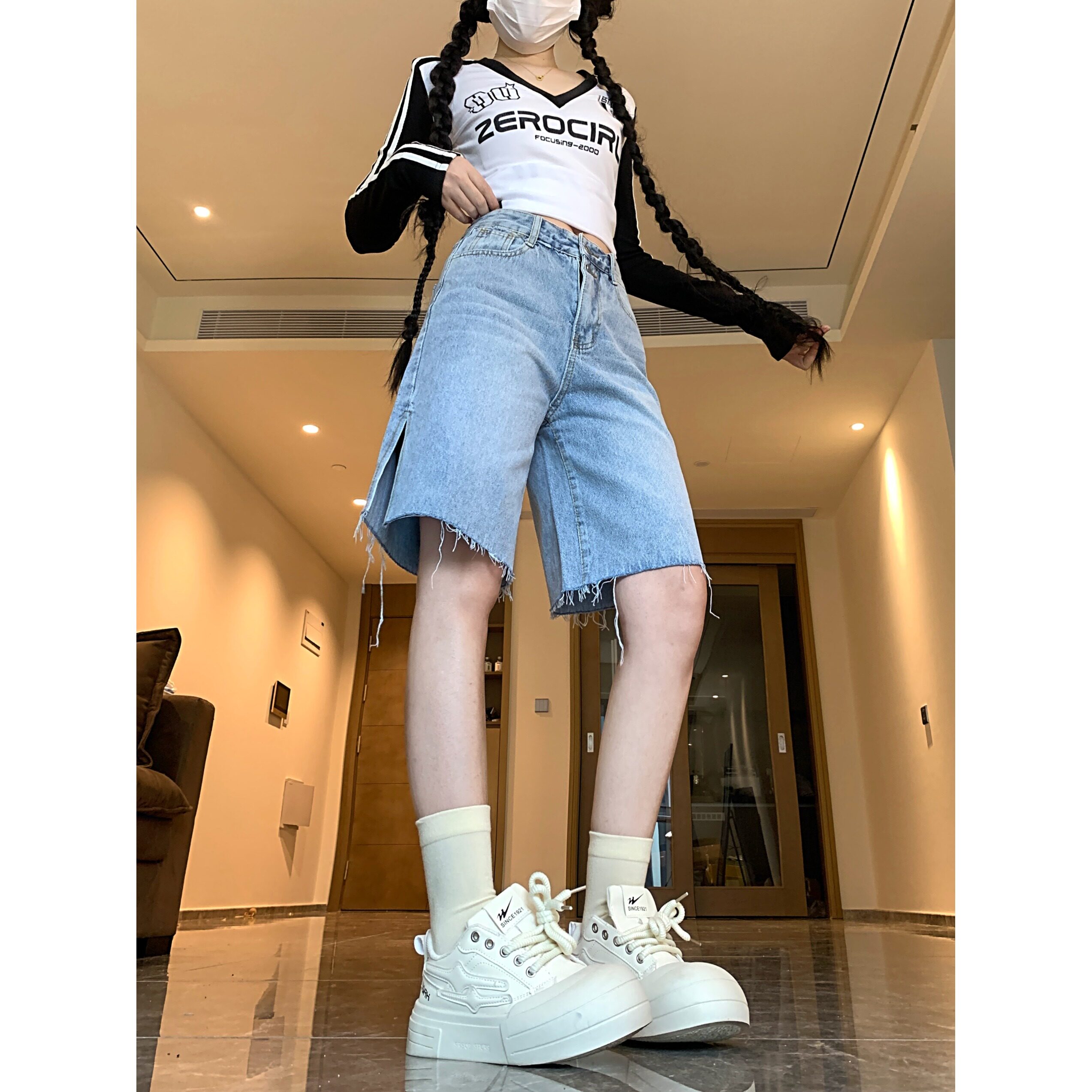 2025春夏季新款chic宽松显瘦开叉五分裤短裤热裤女,男装牛仔裤,电商A306A