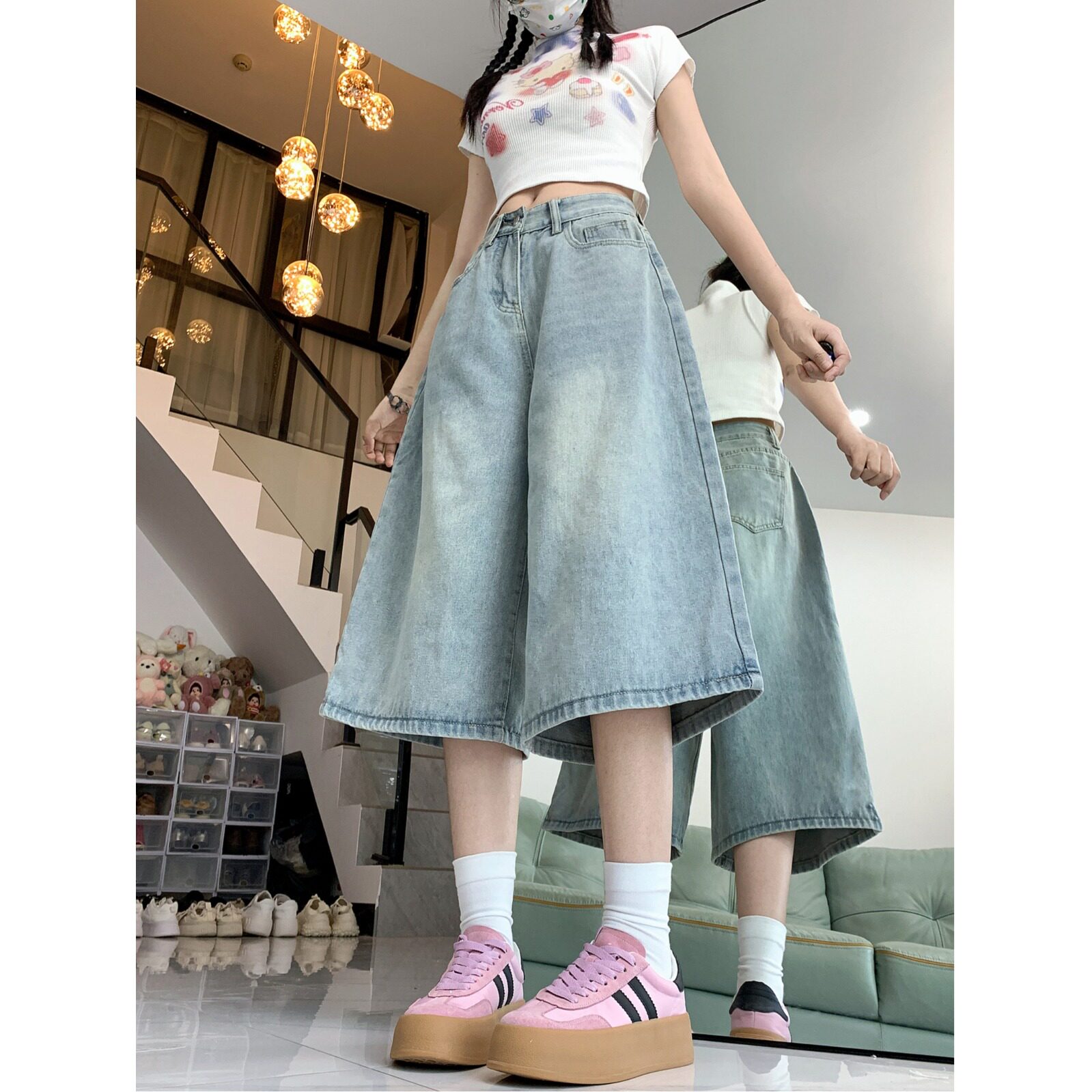 2025春夏美式牛仔裤子女夏季百搭高腰显瘦直筒阔腿七分裤,男装牛仔裤,电商A306A