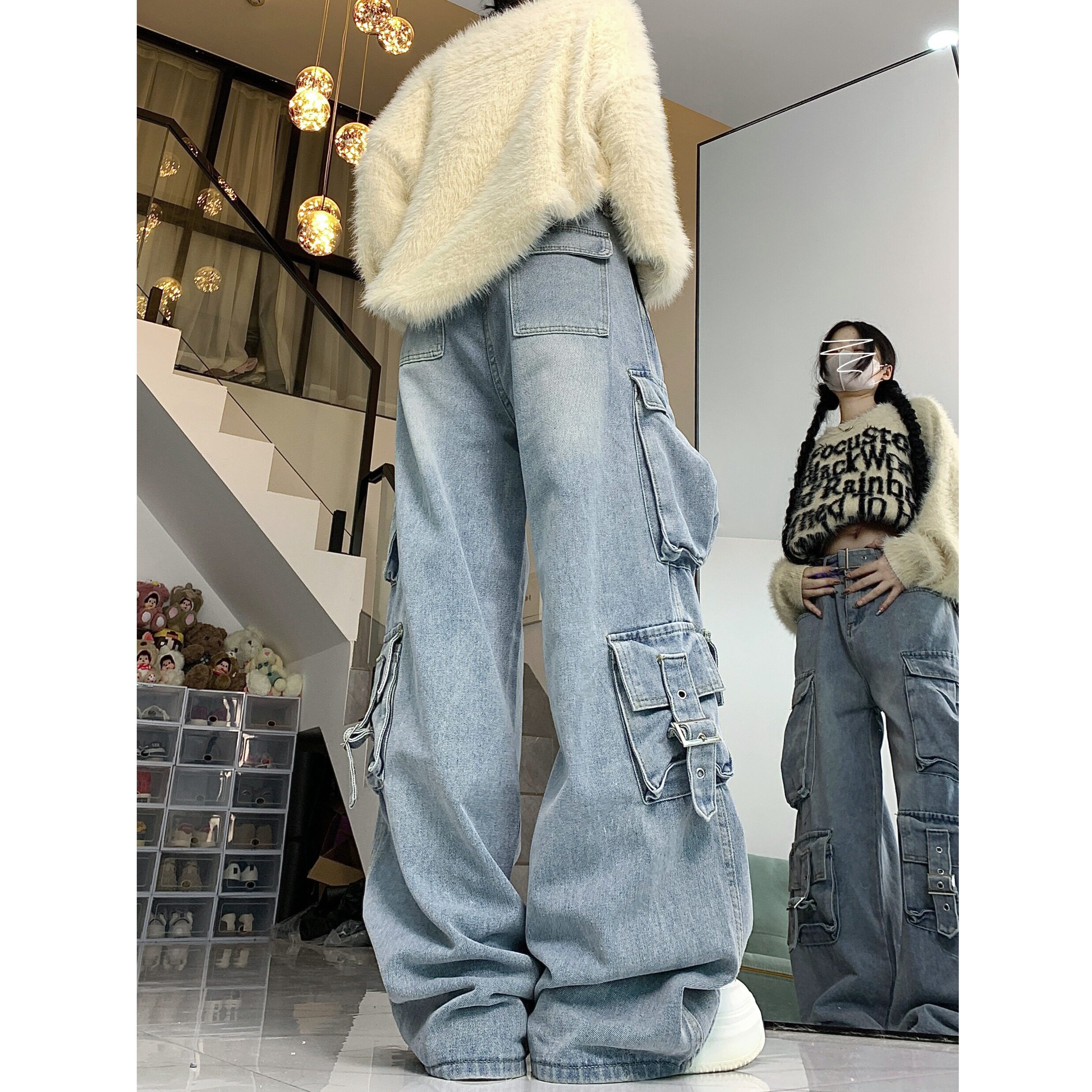 四季2025美式街头vibe工装牛仔裤女设计感多口袋高腰宽松拖地裤,男装牛仔裤,电商A306A