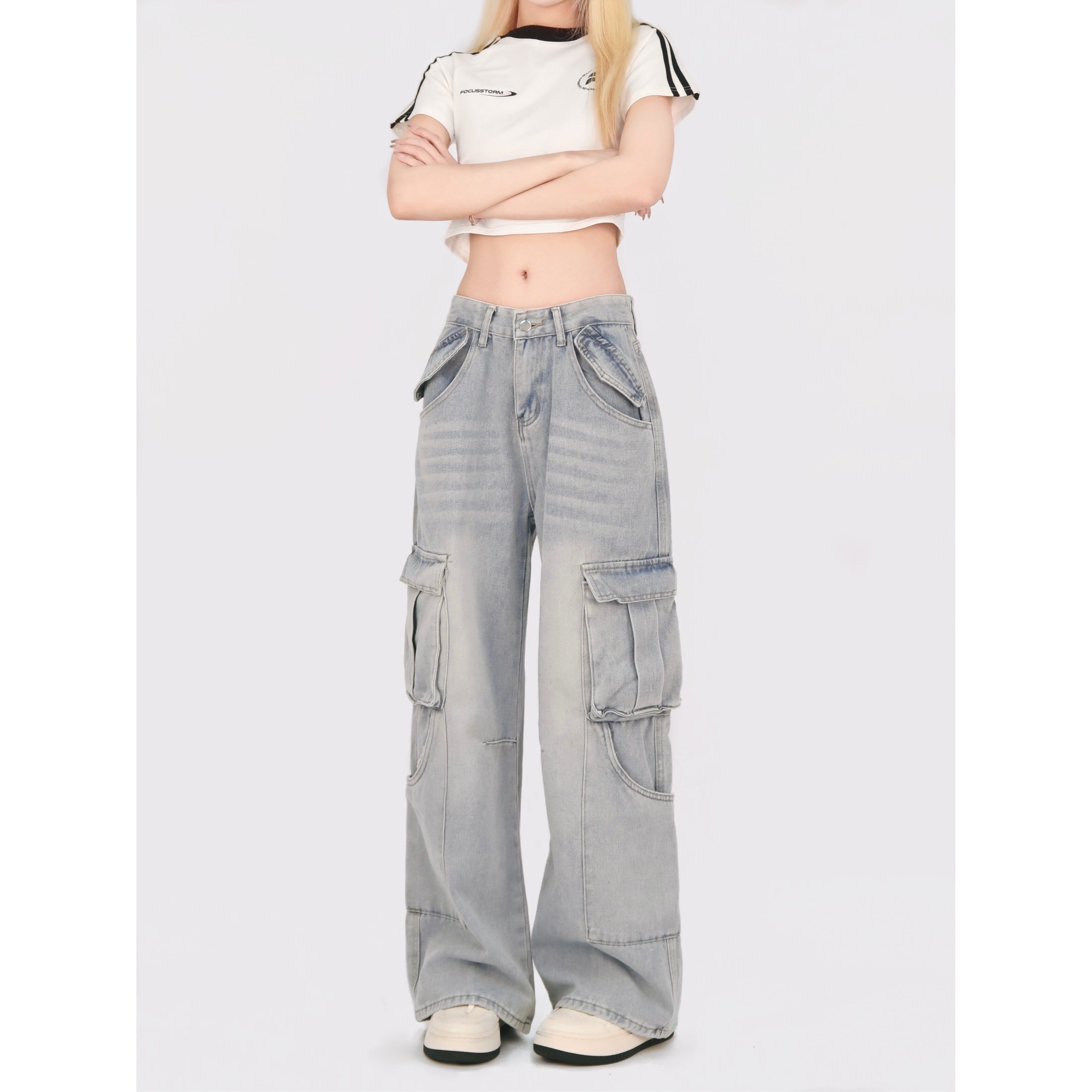 2351特P62潮牌嘻哈牛仔裤男女口袋装饰直筒工装裤宽松长裤，女装牛仔裤，电商A306A