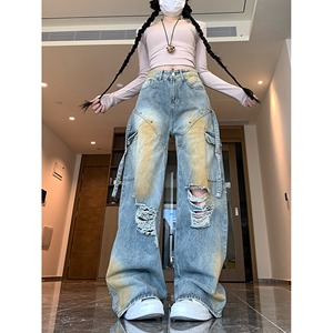 2025四季新款破洞牛仔裤新款显瘦高腰直筒宽松设计感工装裤子女,女装牛仔裤,电商A306A