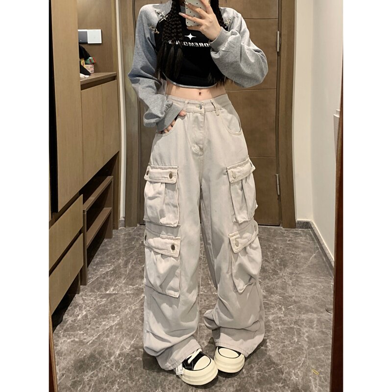 2028-P63多口袋牛仔裤女复古辣妹宽松显瘦阔腿裤工装裤,男装牛仔裤,电商A306A