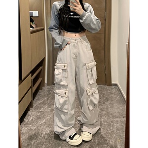 2028-P63 多口袋牛仔裤女复古辣妹宽松显瘦阔腿裤工装裤图片