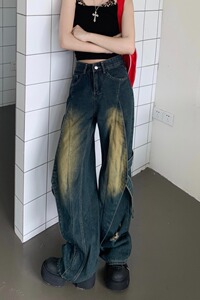 2070-P55 复古做旧拼接设计感牛仔裤女阔腿中性美式长裤新款图片