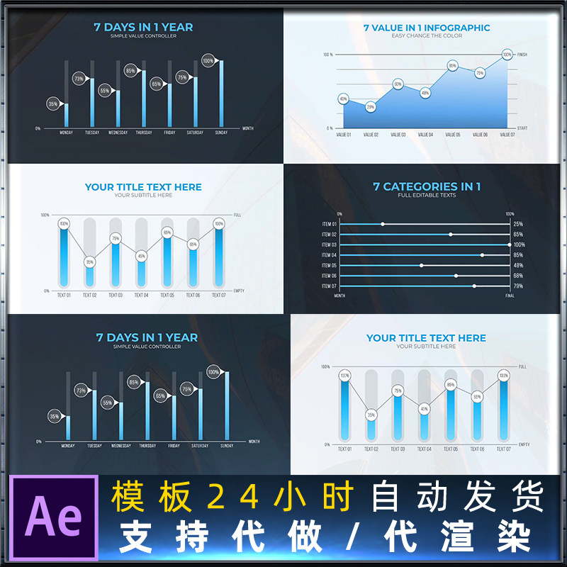 4种现代信息图表线条条形图数据对比环比增长分析报告介绍AE模板