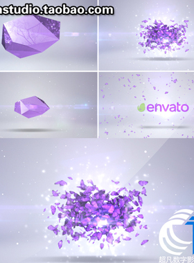 紫色水晶钻石宝石破碎成蝴蝶纷飞logo标志演绎动画片头展示AE模板