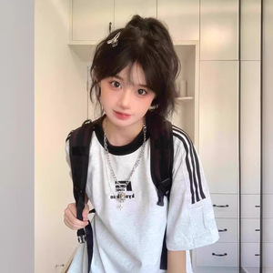 纯棉法式氛围感上衣字母印花正肩t恤女重磅短袖T恤潮牌短袖女T恤