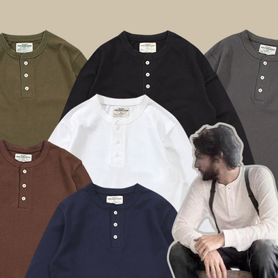 美式亨利领厚长袖纯棉男女T恤