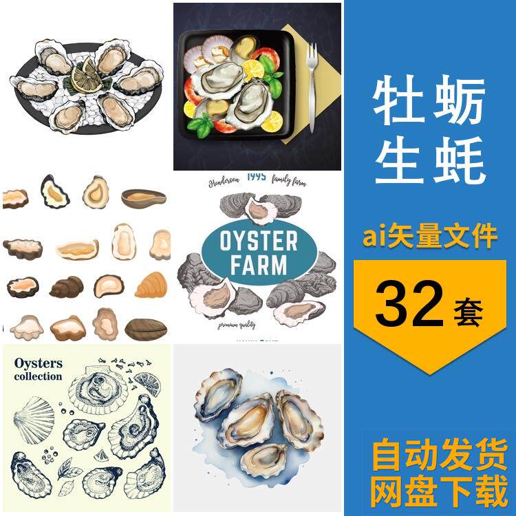牡蛎生蚝海蛎子贝海鲜海产品冰鲜水产手绘插画图片ai矢量设计素材
