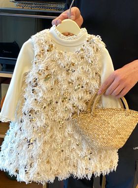 2026新款女童白色亮片流苏背心连衣裙加绒轻奢公主裙生日新年礼服