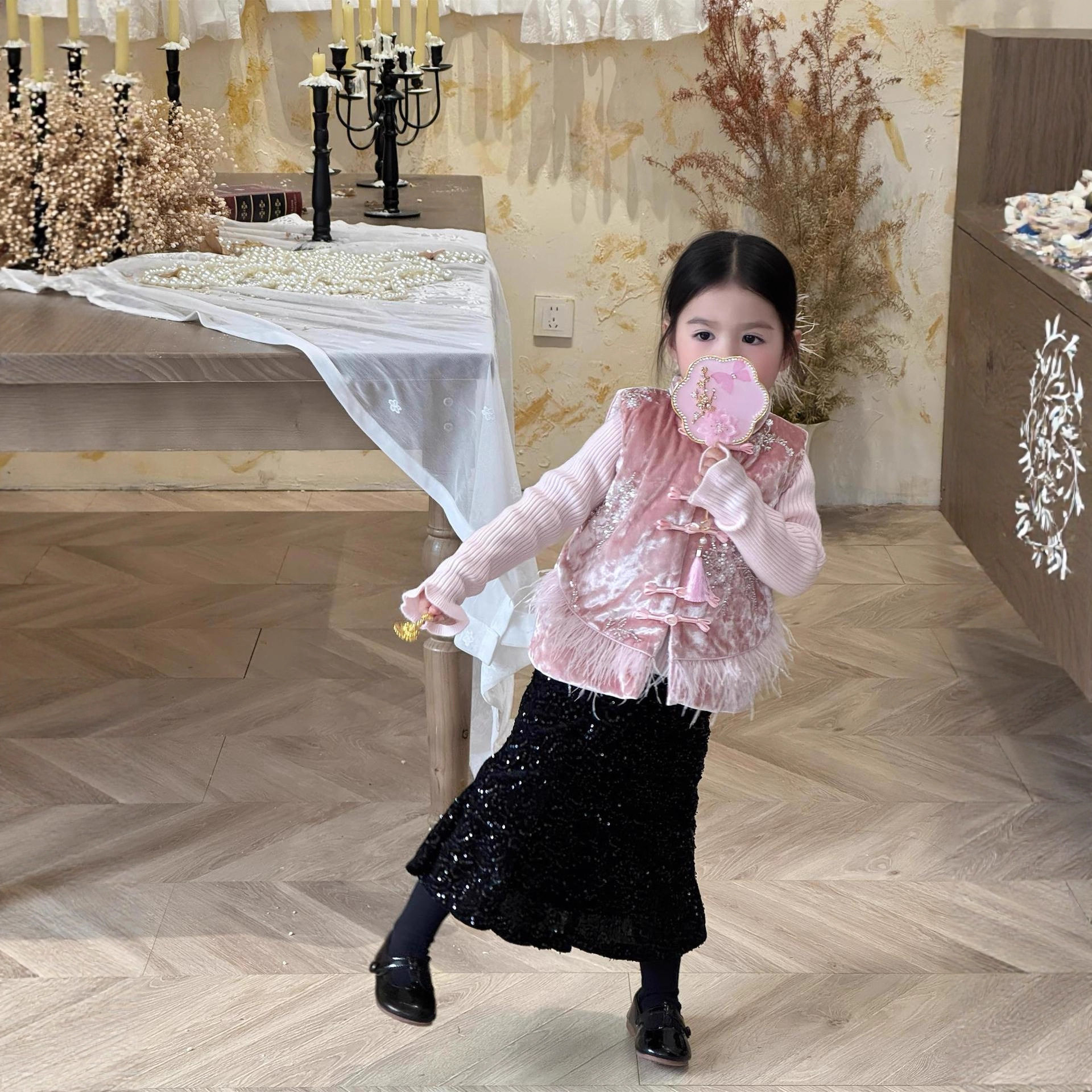 中女童新中式刺绣亮片粉色丝绒