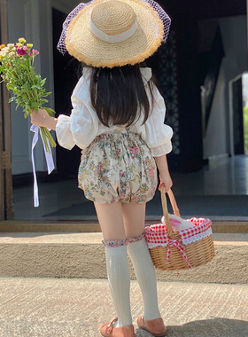 女童春秋款长袖暗纹提花衬衫白色荷叶领打底衫四季百搭款花边衬衫