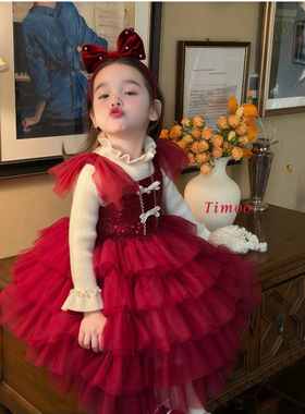 女童加绒连衣裙子新款儿童公主裙加厚保暖拜年服宝宝红色纱裙童装