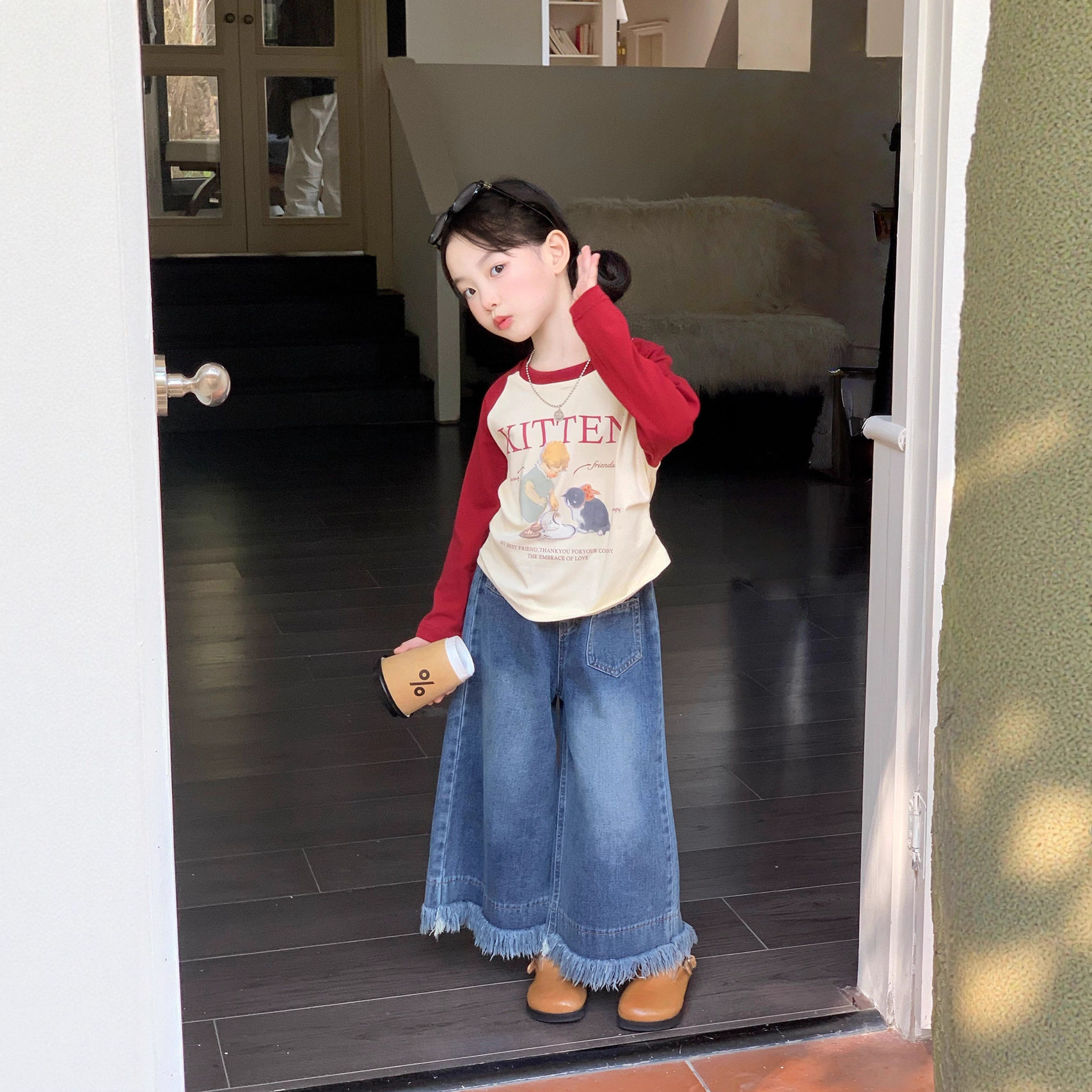 女童长袖恤春秋款2026新款韩版儿童毛边牛仔裤插肩袖长袖上衣,童装/婴儿装/亲子装,儿童牛仔衬衫,淘宝优惠券,粉丝福利购,淘宝优惠卷