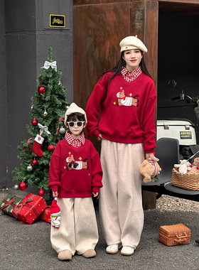 亲子装母子母女装圣诞新年红色卫衣儿童衬衫假两件领子加绒卫衣