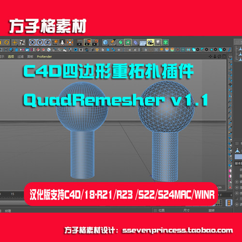 C4D中文汉化版四边形网格模型重拓扑插件 QuadRemesher R19-24WIN