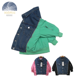 冬季薄款儿童羽绒服韩版男童新款女童90白鸭绒童装中童潮牛仔拼接