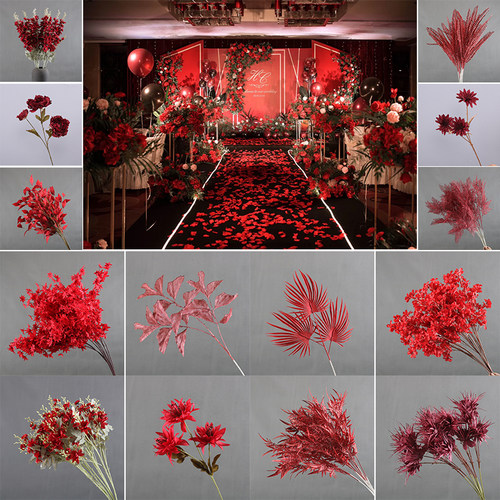 红色系花仿真婚礼堂装饰吊顶造景