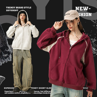 潮酷美式撞色连帽卫衣外套女帅气街头休闲复古拉链开衫宽松上衣