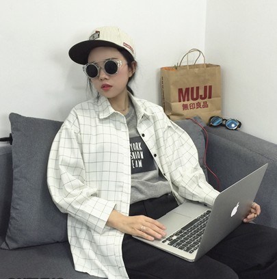 lattice shirt Long sleeve Loose chic student Thin section shirt coat Versatile Mid length version Show thin Cardiganin the Women's clothing/Boutique , Shirt  category - from Buy2taobao.com to provide professional Taobao agent buy service