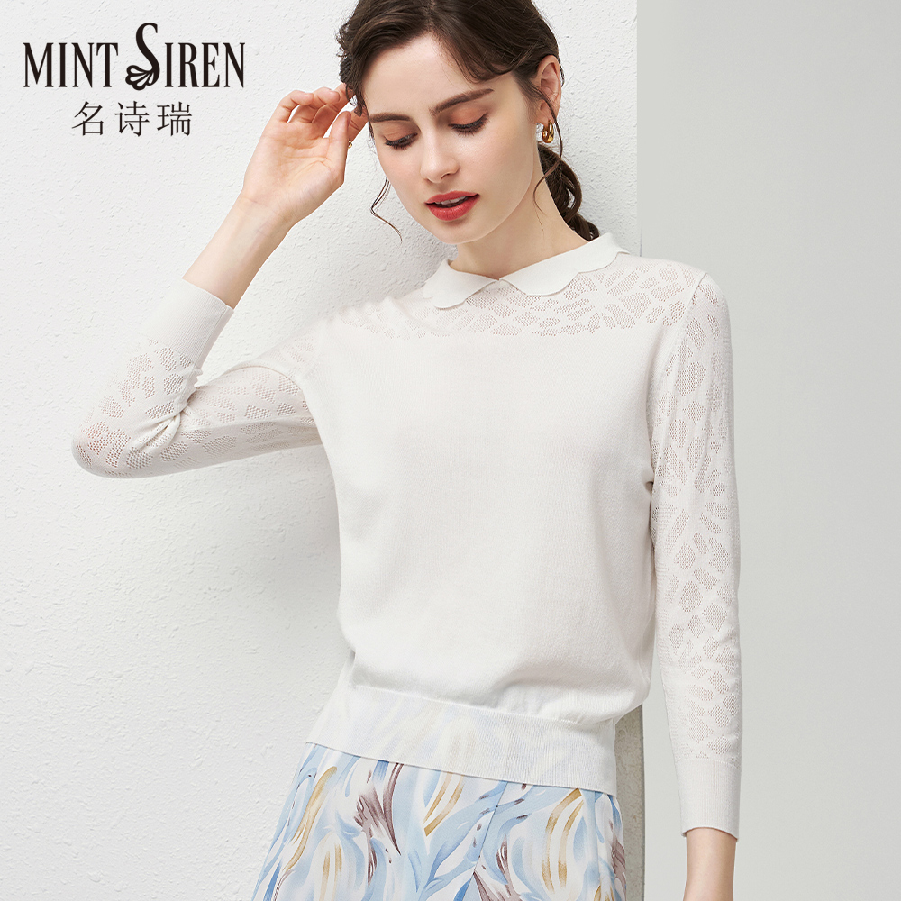 天丝翻领套头薄款钩花镂空针织衫