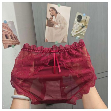 法式爆款中高腰胖MM小心机女纯欲风幸运红蕾丝镂空内裤女三角裤