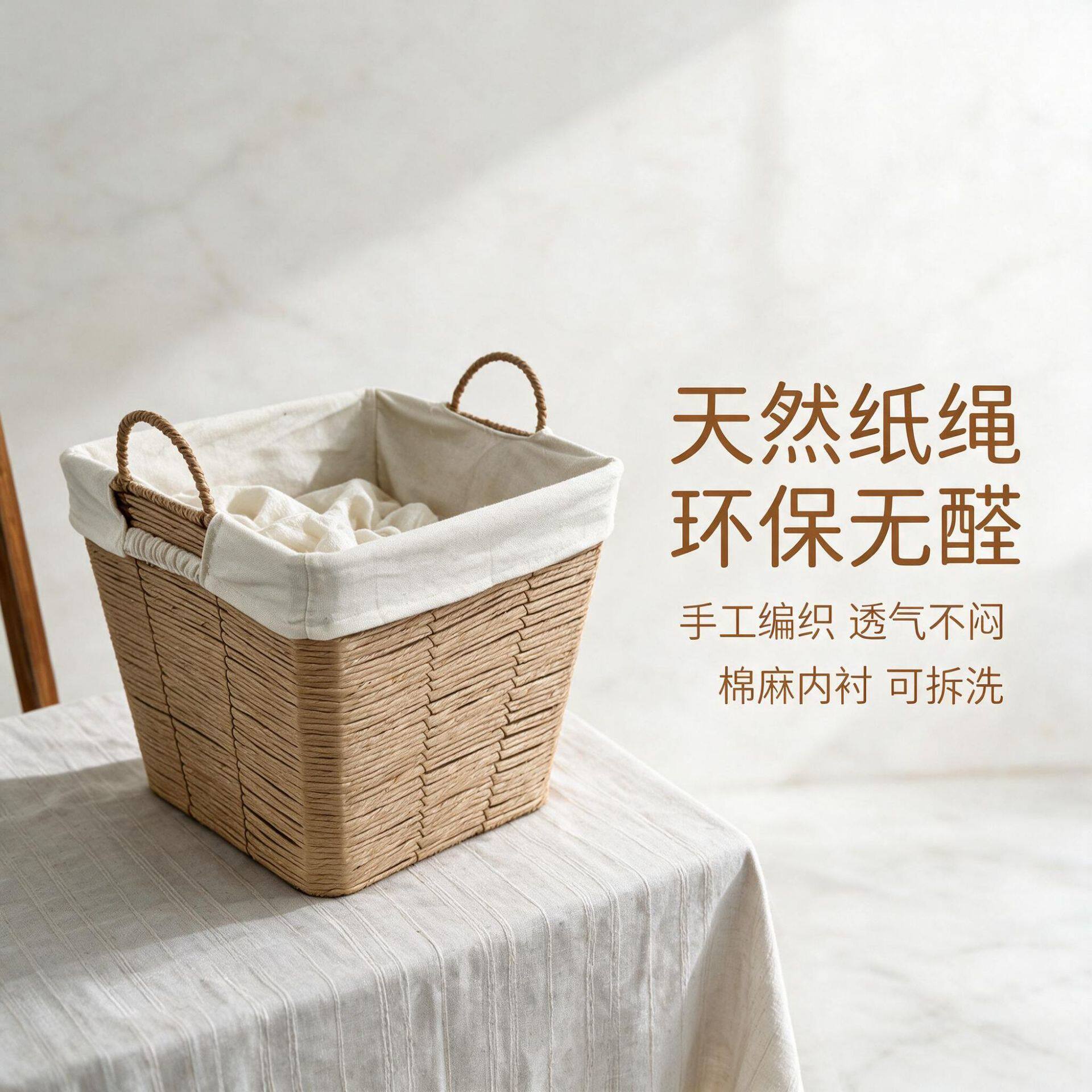 简约纸绳手工编脏衣篮方形杂物收纳筐日式家用客厅儿童玩具整理箱