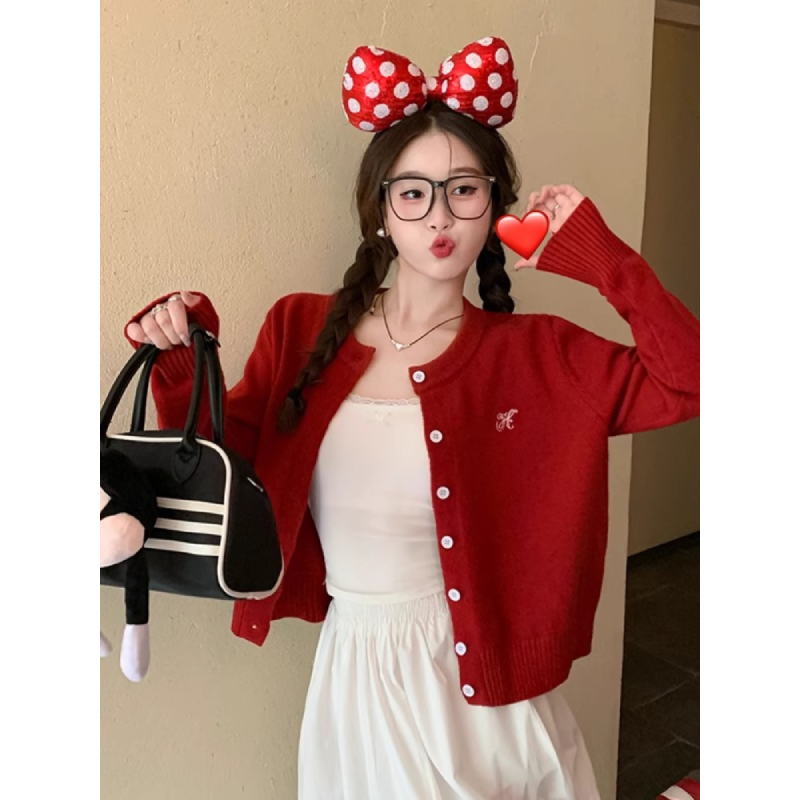 安可拉红刺绣圆领长袖针织衫毛衣开衫女秋季时尚穿搭宽松外套上衣