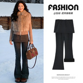 秋冬加绒韩国东大门假两件屁帘微喇叭裤 女2025梨形身材显瘦休闲裤
