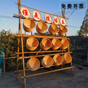 新年景区古街道游戏场景布置竹架子竹筐古风游戏蹴鞠游戏道具背篓