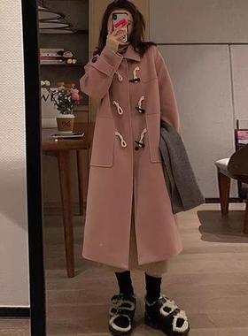 色秋牛角扣毛粉fn-N143呢修外套女冬新款赫本风中长款身呢子大衣