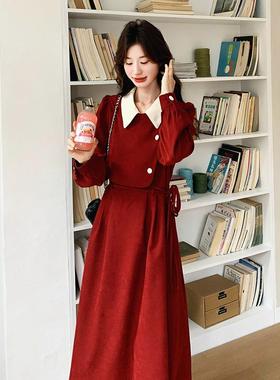 假衣两件连裙年春秋装品新款礼服提升质红色赫本风连裙B196FN90衣