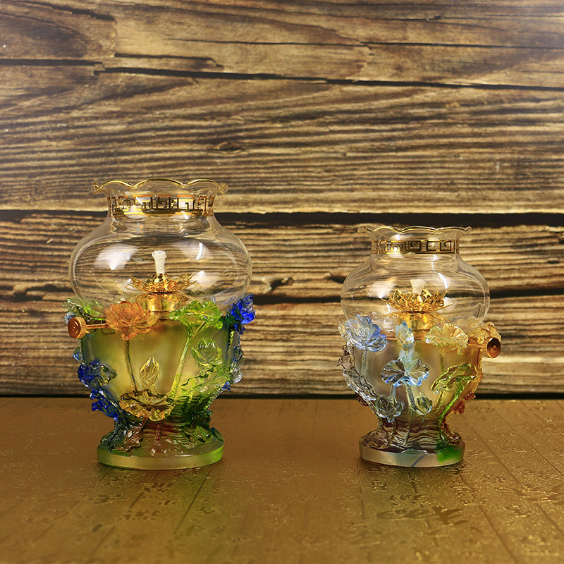 古法琉璃液体酥油灯座莲花灯防风油灯家用长明灯可调光油灯罩
