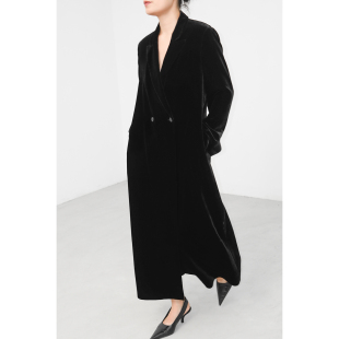 JUZININE原创设计真丝绒风衣桑蚕丝双排扣宽松极简大衣正肩长外套