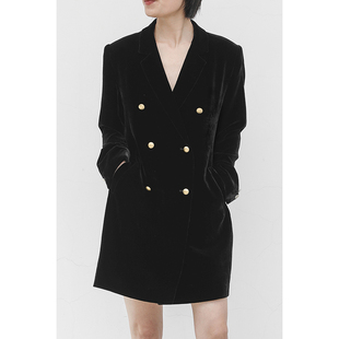 JUZININE原创设计真丝绒长款 桑蚕丝系带收腰双排扣休闲外套女 西装