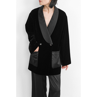外套 双排扣衬衫 JUZININE原创设计真丝绒西装 可系带