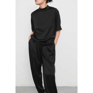 JUZININE原创设计真丝小高领衬衫 休闲弹力缎上衣 桑蚕丝T恤短袖