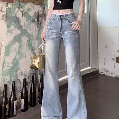 小个子美式蕾丝拼接微喇牛仔裤女低腰宽松显瘦不贴腿直筒马蹄长裤