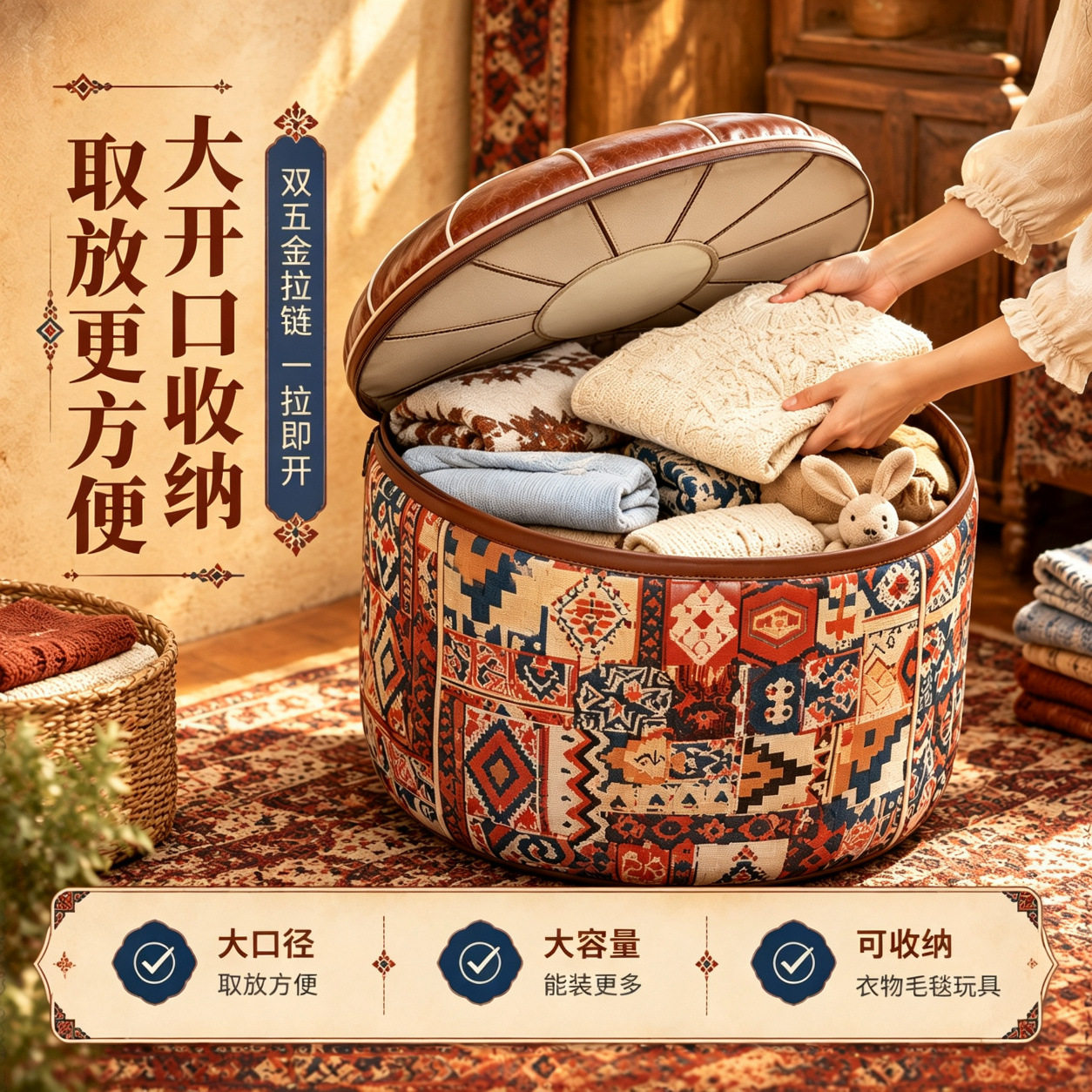 【翻盖款】北欧波西米亚风皮墩收纳凳客厅居家衣服玩偶收纳袋坐墩