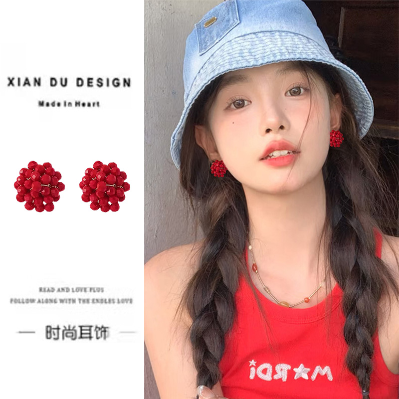 无耳洞港风复古显白红色水晶耳饰