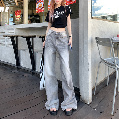 灰色宽松垂感阔腿牛仔裤女
