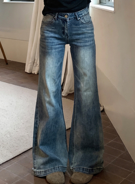 美式浅蓝色低腰不贴腿微喇牛仔裤女2026春夏季新款小个子直筒裤子