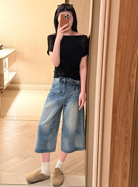 美式浅蓝色阔腿七分牛仔短裤女夏薄款2026新款小个子宽松直筒中裤
