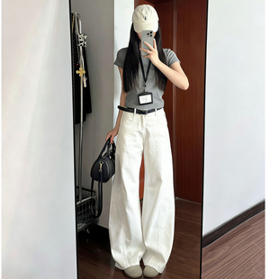 高腰垂感显瘦宽松阔腿拖地裤 美式 新款 女2026春季 子 白色弯刀牛仔裤