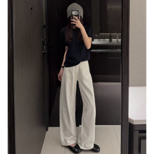 白色窄版直筒牛仔裤女2026夏季新款高腰显瘦垂感宽松小个子阔腿裤