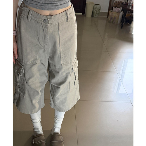 美式卡其色工装牛仔七分裤夏薄款