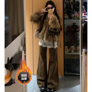 子 冬低腰直筒裤 美拉德棕咖色加绒加厚不贴腿微喇牛仔裤 女2025新款