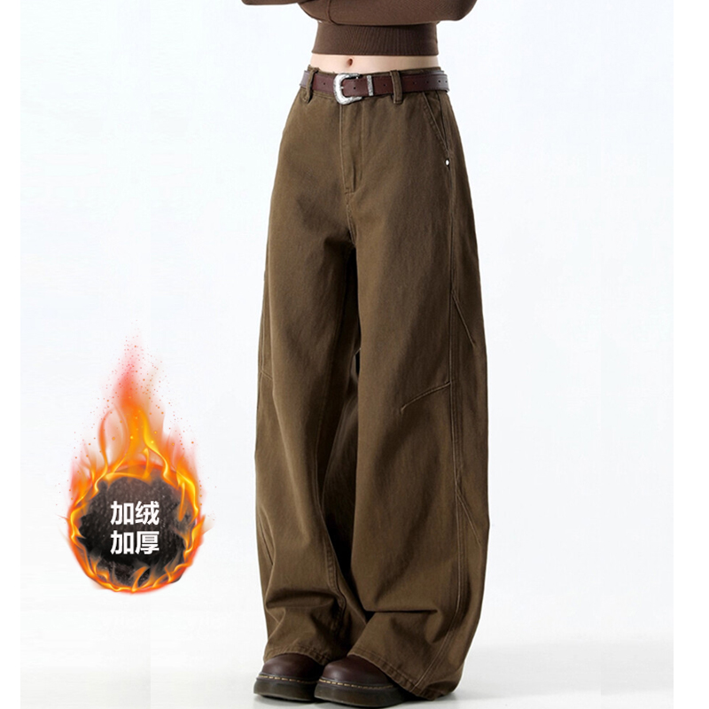 美拉德棕咖色加绒阔腿弯刀牛仔裤